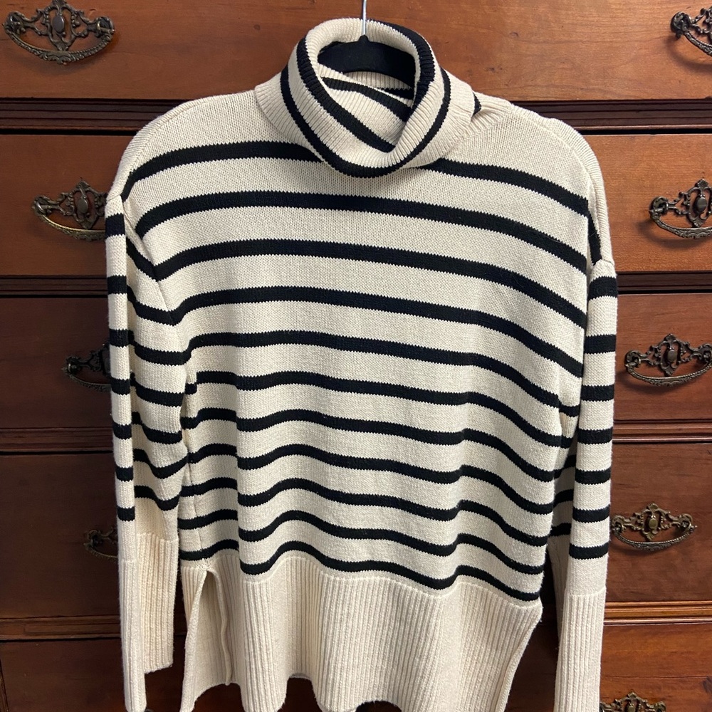 Falls Creek Black and Cream Striped Turtleneck Sweater